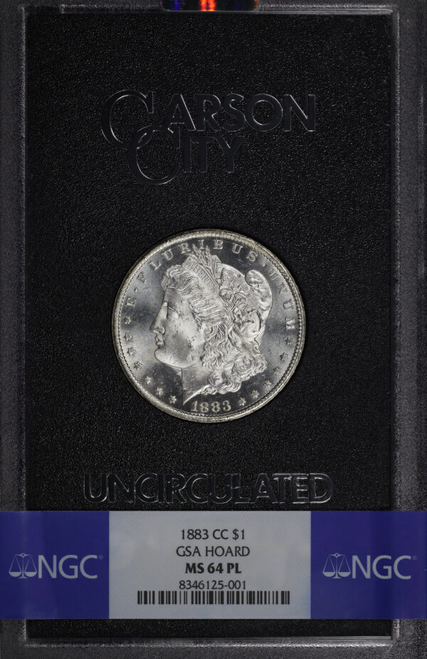 Obverse of this 1883-CC Morgan Dollar NGC MS-64 PL GSA Hard Pack With Box