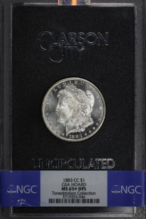 Obverse of this 1883-CC Morgan Dollar NGC MS-65+ DMPL GSA Hard Pack With Box Toneddollars Collection