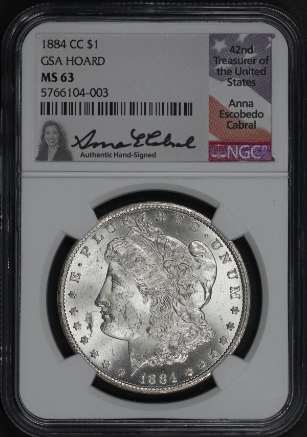 Obverse of this 1884-CC Morgan Dollar NGC MS-63 Anna Escobedo Cabral Signature Label