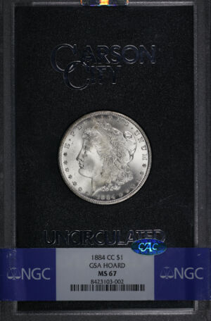Obverse of this 1884-CC Morgan Dollar NGC MS-67 CAC GSA Hard Pack With Box