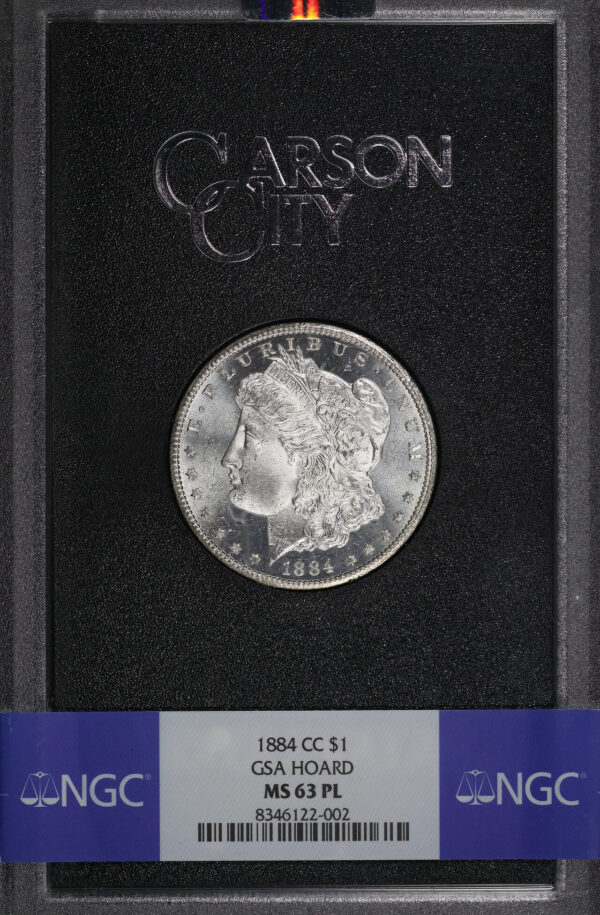 Obverse of this 1884-CC Morgan Dollar NGC MS-63 PL GSA Hard Pack With Box