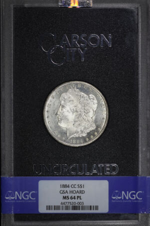 Obverse of this 1884-CC Morgan Dollar NGC MS-64 PL GSA Hard Pack With Box
