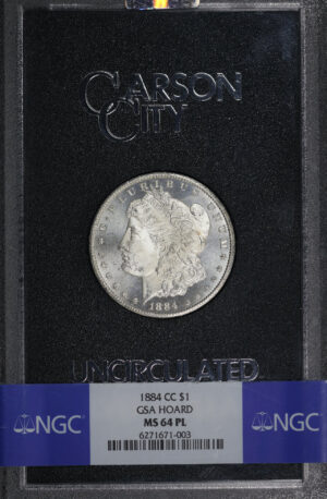 Obverse of this 1884-CC Morgan Dollar NGC MS-64 PL GSA Hard Pack With Box