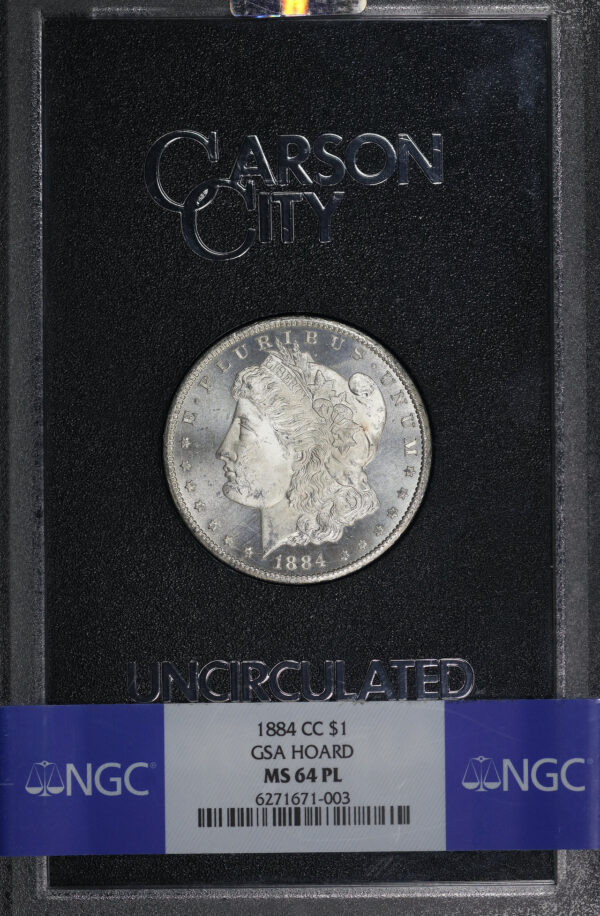 Obverse of this 1884-CC Morgan Dollar NGC MS-64 PL GSA Hard Pack With Box