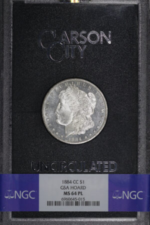 Obverse of this 1884-CC Morgan Dollar NGC MS-64 PL GSA Hard Pack With Box