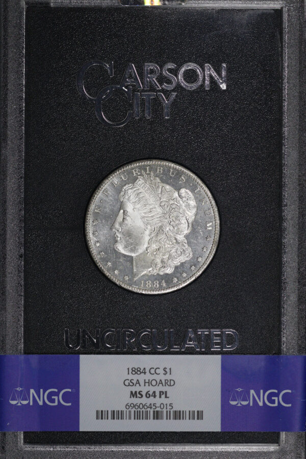 Obverse of this 1884-CC Morgan Dollar NGC MS-64 PL GSA Hard Pack With Box