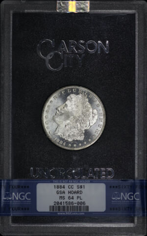 Obverse of this 1884-CC Morgan Dollar GSA Hoard NGC MS-64 PL Hard Pack With Box
