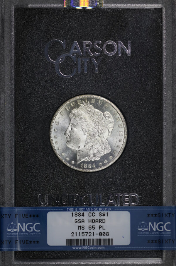 Obverse of this 1884-CC Morgan Dollar NGC MS-65 PL GSA Hard Pack With Box