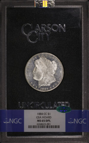 Obverse of this 1884-CC Morgan Dollar NGC MS-65 DMPL CAC GSA Hard Pack With Box