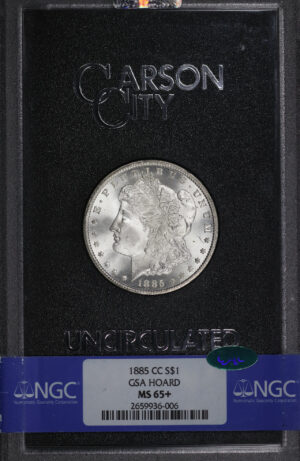 Obverse of this 1885-CC Morgan Dollar GSA Hoard NGC MS-65+ CAC GSA Hard Pack With Box