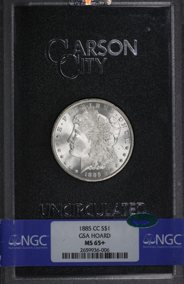 Obverse of this 1885-CC Morgan Dollar GSA Hoard NGC MS-65+ CAC GSA Hard Pack With Box