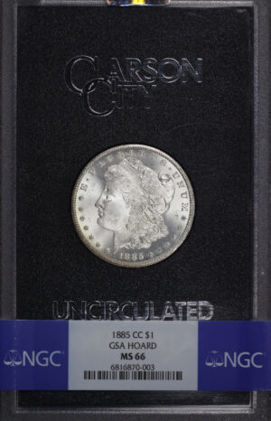 Obverse of this 1885-CC Morgan Dollar NGC MS-66 GSA Hard Pack With Box