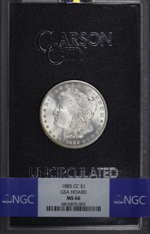 Obverse of this 1885-CC Morgan Dollar NGC MS-66 GSA Hard Pack With Box
