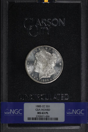 Obverse of this 1885-CC Morgan Dollar NGC MS-63 PL GSA Hard Pack With Box