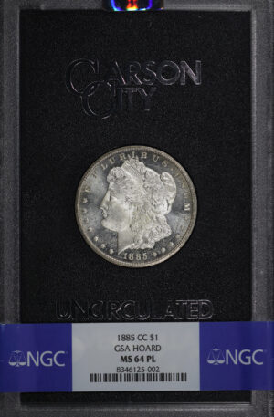 Obverse of this 1885-CC Morgan Dollar NGC MS-64 PL GSA Hard Pack With Box