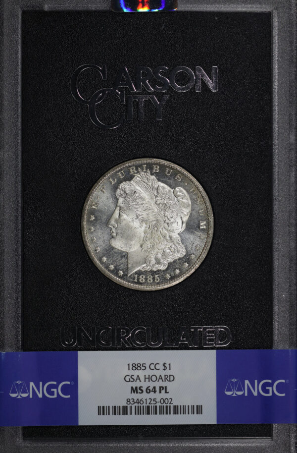 Obverse of this 1885-CC Morgan Dollar NGC MS-64 PL GSA Hard Pack With Box