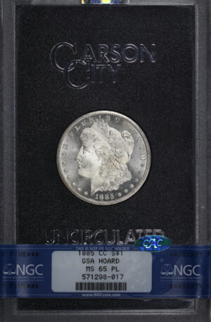 Obverse of this 1885-CC Morgan Dollar NGC MS-65 PL CAC GSA Hard Pack With Box