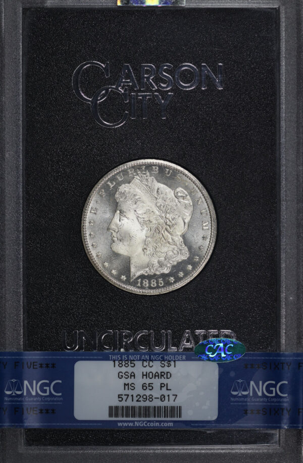 Obverse of this 1885-CC Morgan Dollar NGC MS-65 PL CAC GSA Hard Pack With Box