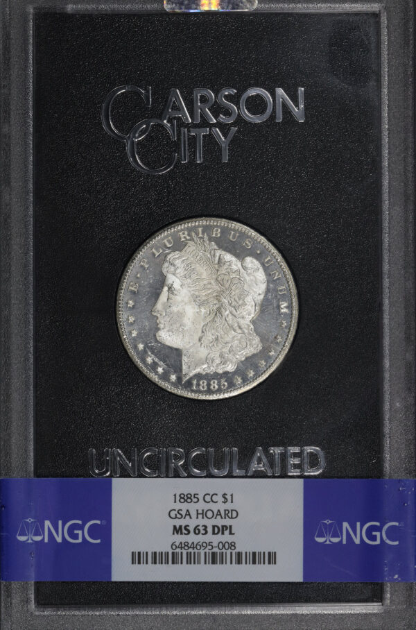 Obverse of this 1885-CC Morgan Dollar NGC MS-63 DMPL GSA Hard Pack With Box