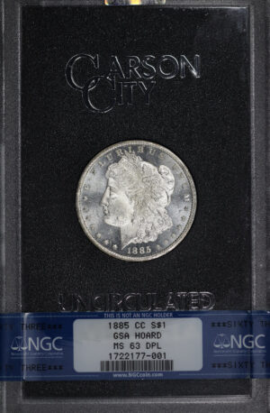 Obverse of this 1885-CC Morgan Dollar NGC MS-63 DMPL GSA Hard Pack With Box