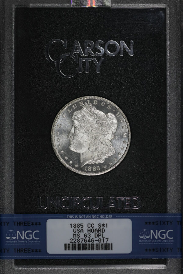 Obverse of this 1885-CC Morgan Dollar NGC MS-63 DMPL GSA Hard Pack With Box