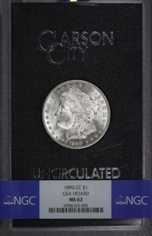 Obverse of this 1890-CC Morgan Dollar NGC MS-62 GSA Hard Pack With Box