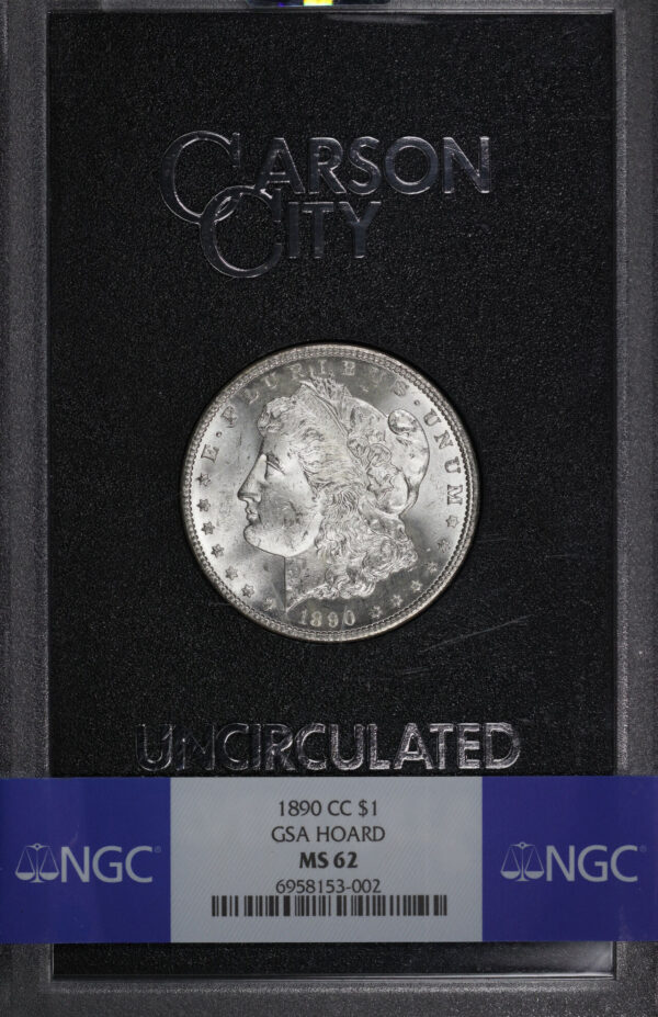 Obverse of this 1890-CC Morgan Dollar NGC MS-62 GSA Hard Pack With Box