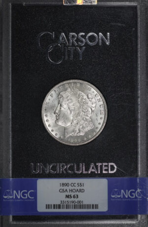 Obverse of this 1890-CC Morgan Dollar NGC MS-63 GSA Hard Pack With Box