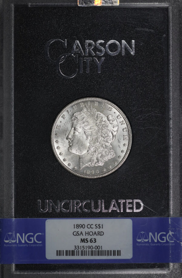 Obverse of this 1890-CC Morgan Dollar NGC MS-63 GSA Hard Pack With Box