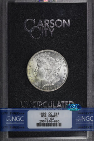 Obverse of this 1890-CC Morgan Dollar NGC MS-63 CAC GSA Hard Pack With Box