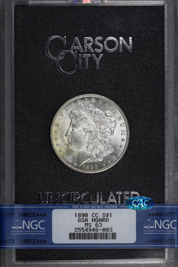 Obverse of this 1890-CC Morgan Dollar NGC MS-63 CAC GSA Hard Pack With Box