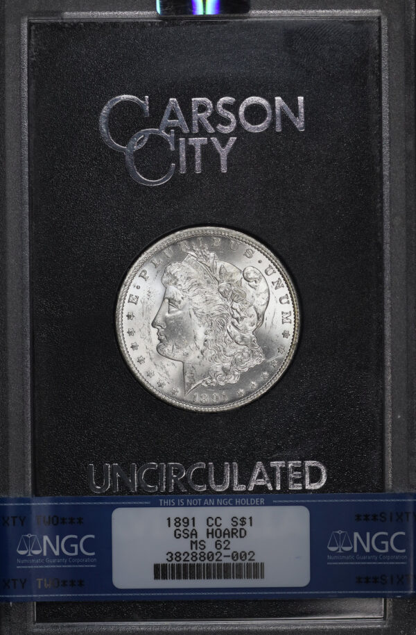 Obverse of this 1891-CC Morgan Dollar NGC MS-62 GSA Hard Pack With Box