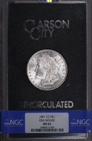 Obverse of this 1891-CC Morgan Dollar NGC MS-63 GSA Hard Pack With Box