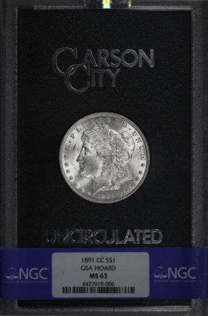 Obverse of this 1891-CC Morgan Dollar NGC MS-63 GSA Hard Pack With Box