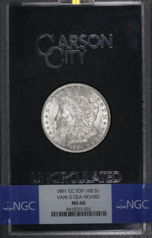 Obverse of this 1891-CC Morgan Dollar VAM-3 NGC MS-60 GSA Hard Pack With Box