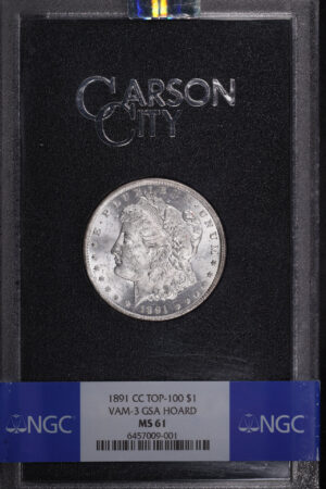 Obverse of this 1891-CC Top-100 Morgan Dollar NGC MS-61 GSA Hard Pack With Box