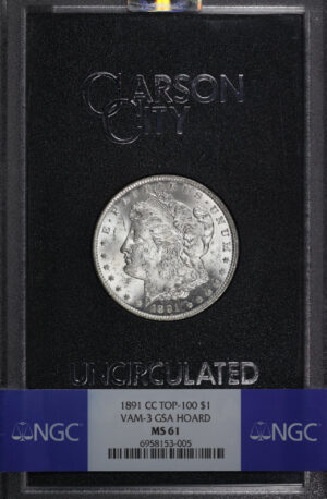 Obverse of this 1891-CC Top-100 Morgan Dollar VAM-3 NGC MS-61 GSA Hard Pack With Box