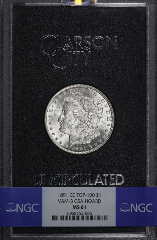 Obverse of this 1891-CC Top-100 Morgan Dollar VAM-3 NGC MS-61 GSA Hard Pack With Box