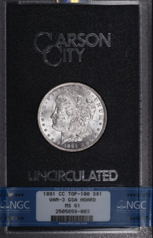 Obverse of this 1891-CC Top-100 Morgan Dollar NGC MS-61 GSA Hard Pack With Box