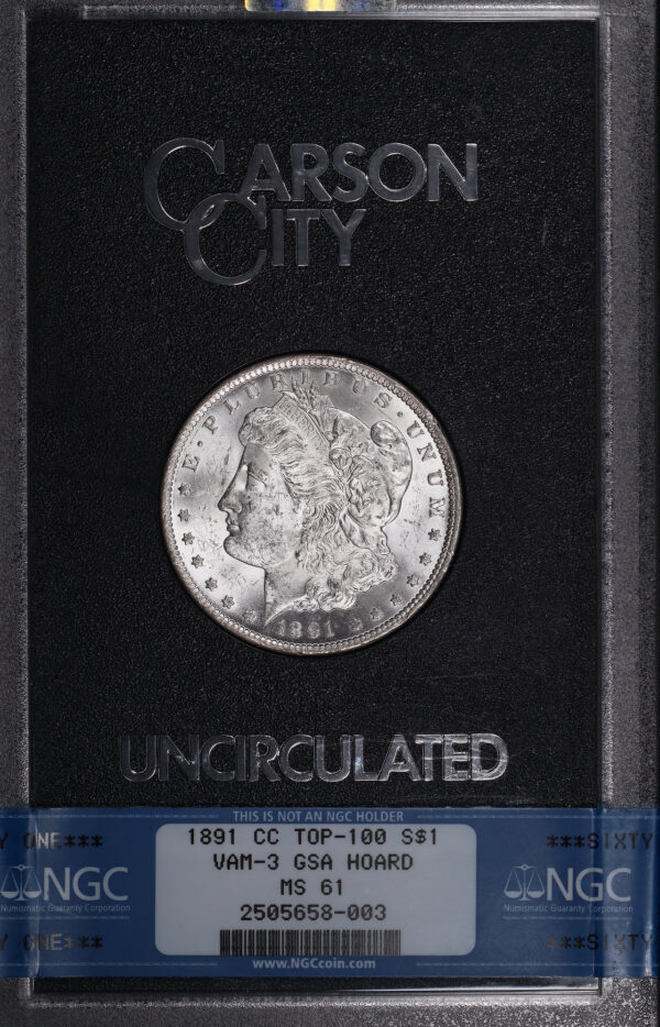 Obverse of this 1891-CC Top-100 Morgan Dollar NGC MS-61 GSA Hard Pack With Box