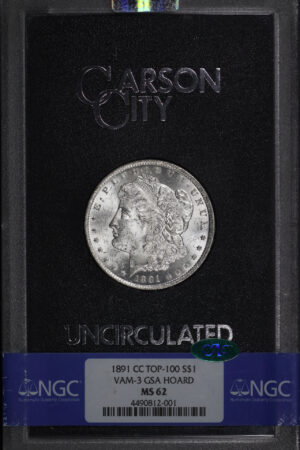 Obverse of this 1891-CC Top-100 Morgan Dollar VAM-3 NGC MS-62 CAC GSA Hard Pack With Box