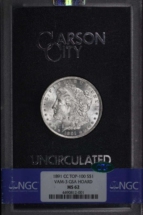 Obverse of this 1891-CC Top-100 Morgan Dollar VAM-3 NGC MS-62 CAC GSA Hard Pack With Box