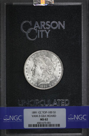 Obverse of this 1891-CC Top-100 Morgan Dollar NGC MS-62 GSA Hard Pack With Box