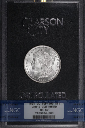 Obverse of this 1891-CC Top-100 VAM-3 Morgan Dollar NGC MS-62 GSA Hard Pack With Box