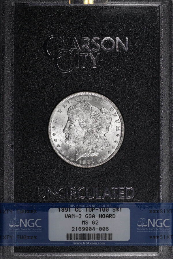 Obverse of this 1891-CC Top-100 VAM-3 Morgan Dollar NGC MS-62 GSA Hard Pack With Box