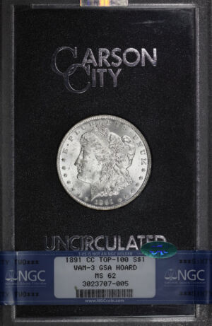 Obverse of this 1891-CC Top-100 Morgan Dollar VAM-3 NGC MS-62 CAC GSA Hard Pack With Box