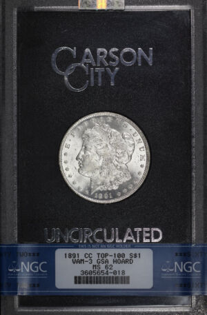 Obverse of this 1891-CC Morgan Dollar VAM-3 NGC MS-62 GSA Hard Pack With Box