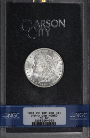 Obverse of this 1891-CC Top-100 Morgan Dollar VAM-3 NGC MS-62 GSA Hard Pack With Box