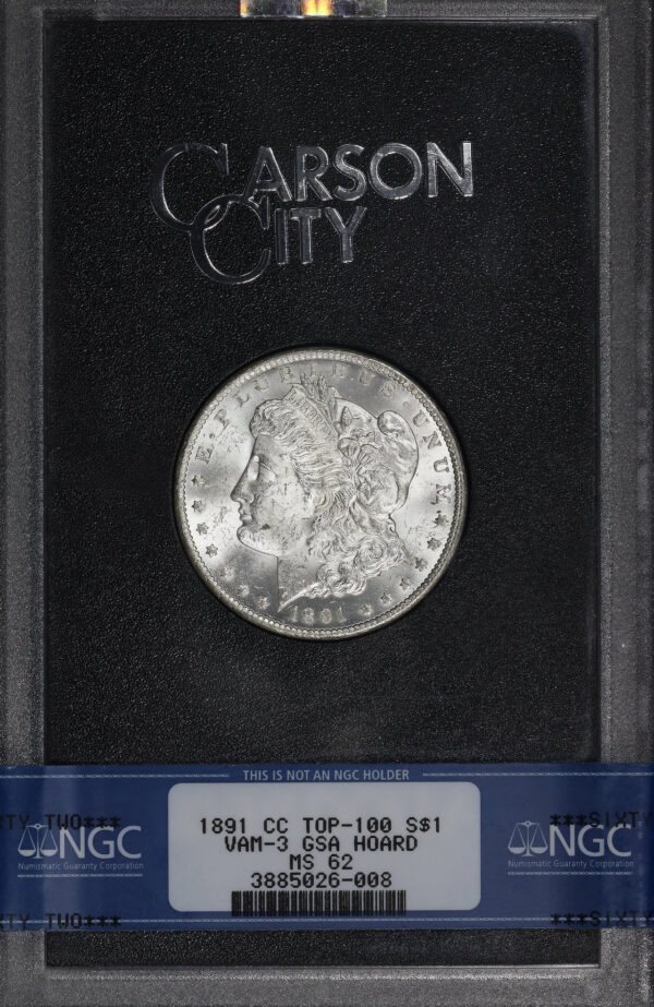 Obverse of this 1891-CC Top-100 Morgan Dollar VAM-3 NGC MS-62 GSA Hard Pack With Box