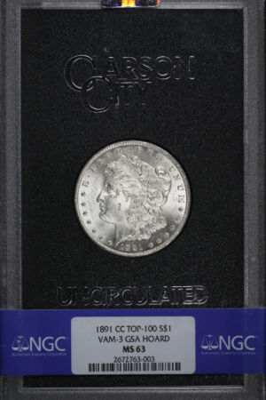 Obverse of this 1891-CC Morgan Dollar VAM-3 NGC MS-63 GSA Hard Pack With Box